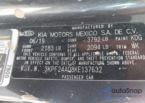 2019 Kia Forte Fe z USA, uszkodzony, nr VIN 3KPF24AD8KE137632